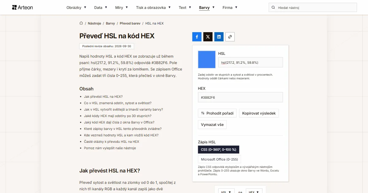 Snímek obrazovky bezplatného nástroje Arteon: Převeď HSL na kód HEX