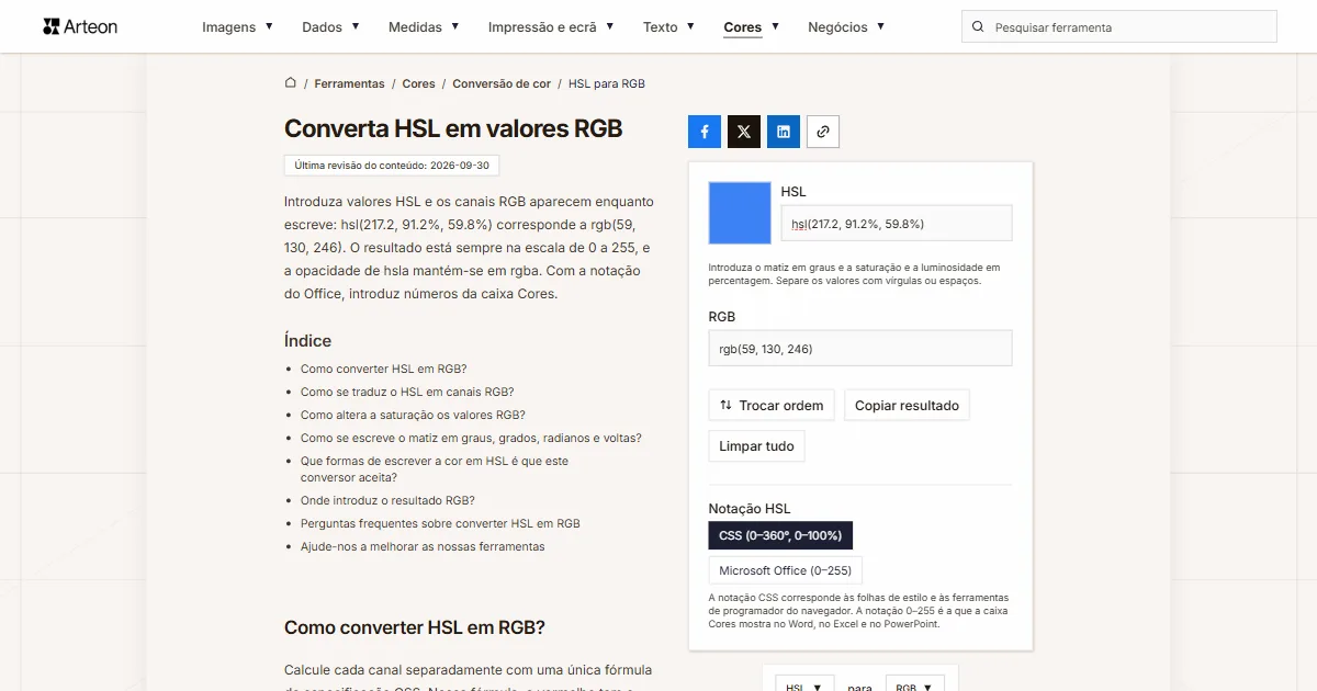 Captura de ecrã da ferramenta gratuita da Arteon: Converta HSL em valores RGB