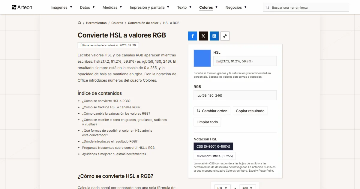 Captura de pantalla de la herramienta gratuita de Arteon: Convierte HSL a valores RGB