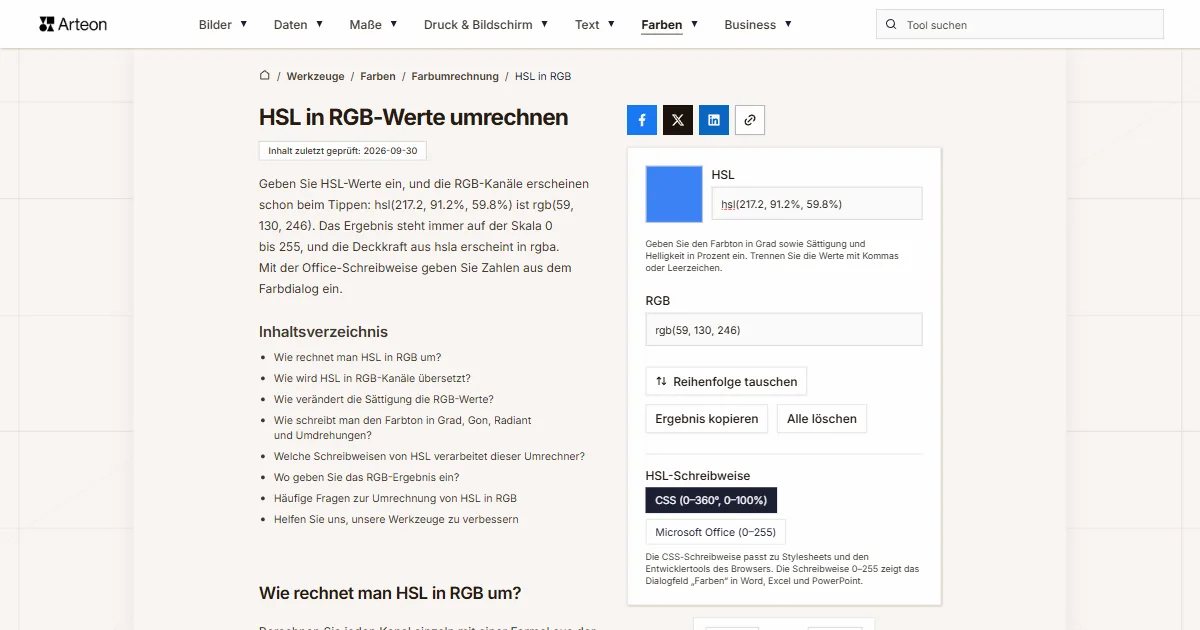 Screenshot des kostenlosen Arteon-Werkzeugs: HSL in RGB-Werte umrechnen