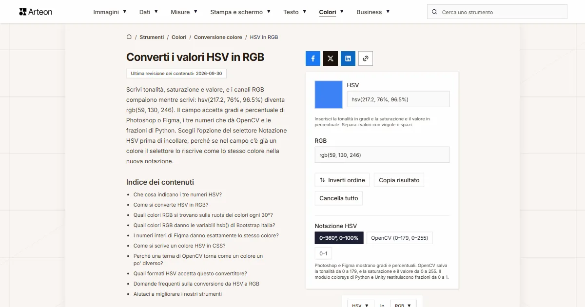 Screenshot dello strumento gratuito Arteon: Converti i valori HSV in RGB