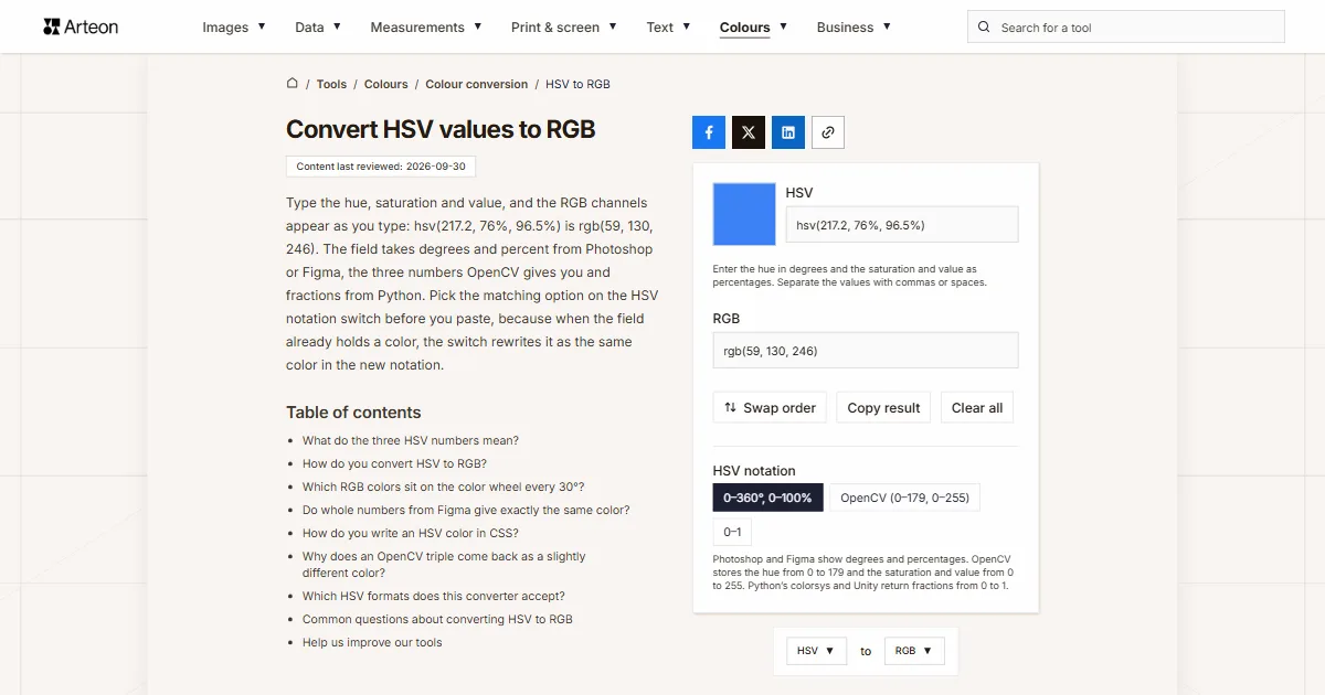 Arteon free tool screenshot: Convert HSV values to RGB