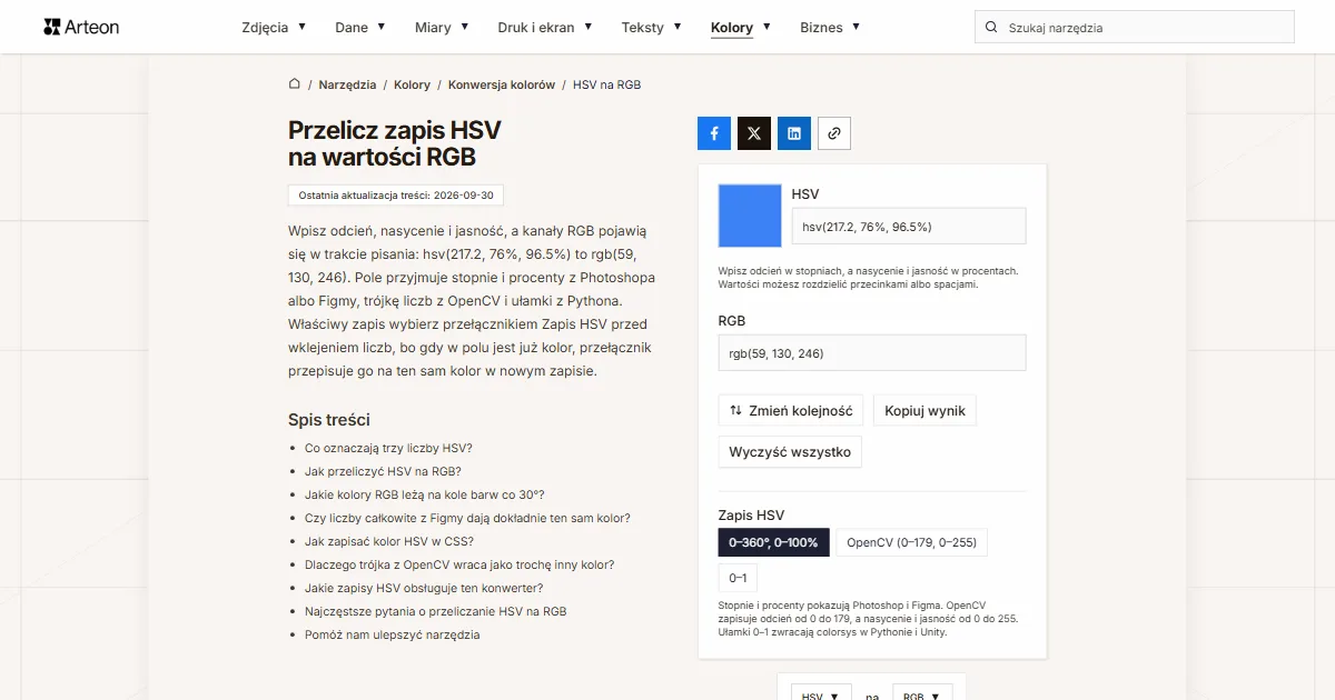 Zrzut ekranu darmowego narzędzia Arteon: Przelicz zapis HSV na wartości RGB