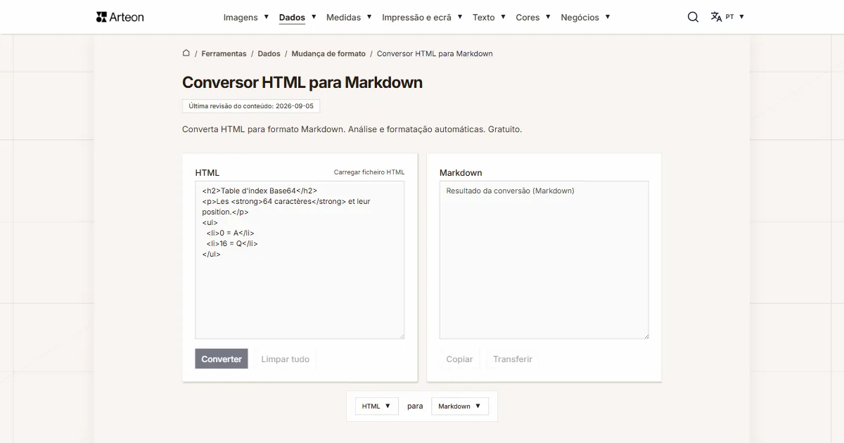 Captura de ecrã da ferramenta gratuita da Arteon: Conversor HTML para Markdown