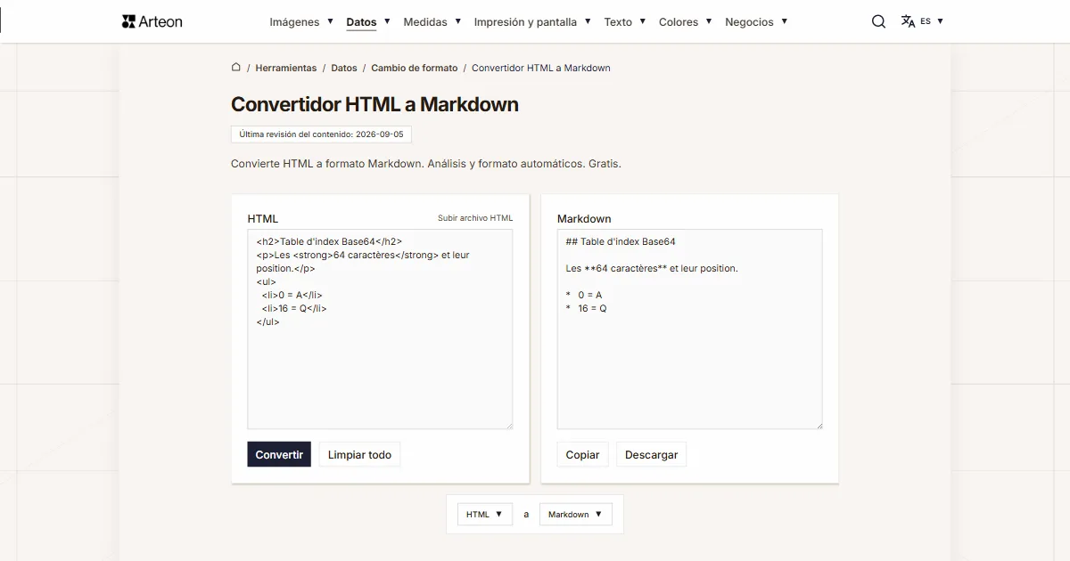 Captura de pantalla de la herramienta gratuita de Arteon: Convertidor HTML a Markdown