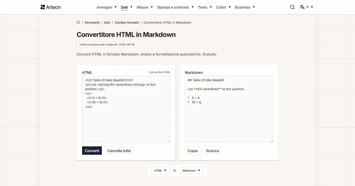 Screenshot dello strumento gratuito Arteon: Convertitore HTML in Markdown