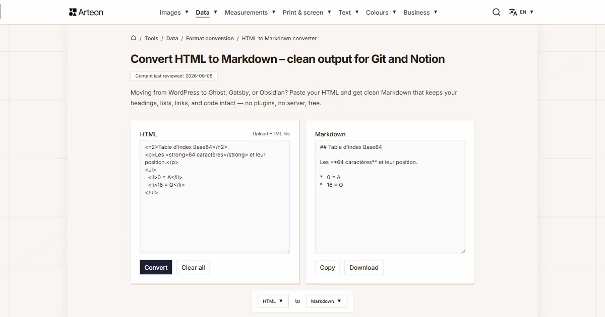 Arteon free tool screenshot: Convert HTML to Markdown – clean output for Git and Notion