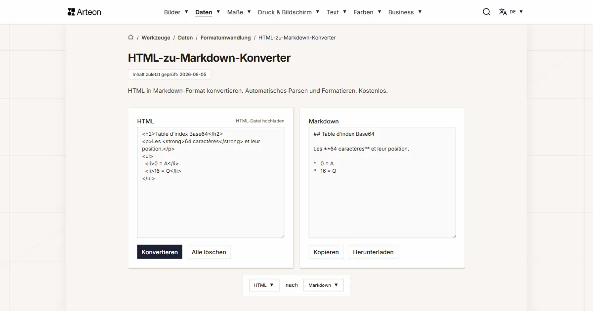 Screenshot des kostenlosen Arteon-Werkzeugs: HTML-zu-Markdown-Konverter