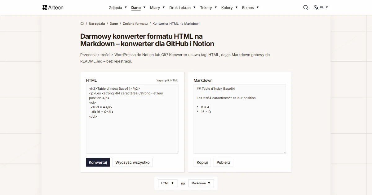 Zrzut ekranu darmowego narzędzia Arteon: Darmowy konwerter formatu HTML na Markdown – konwerter dla GitHub i Notion