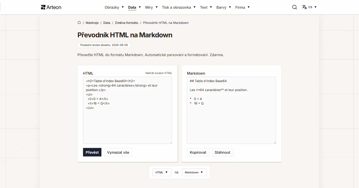Snímek obrazovky bezplatného nástroje Arteon: Převodník HTML na Markdown