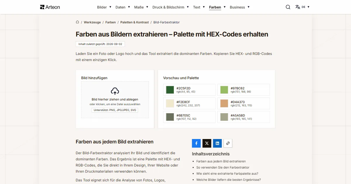 Screenshot des kostenlosen Arteon-Werkzeugs: Farben aus Bildern extrahieren – Palette mit HEX-Codes erhalten
