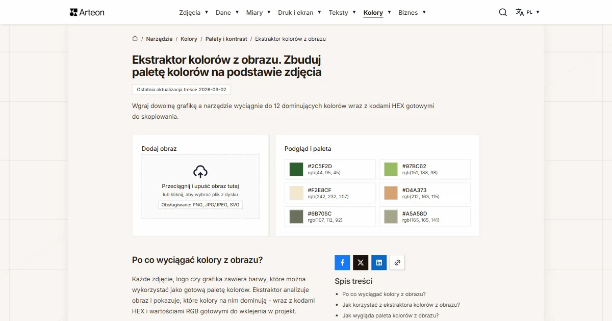 Zrzut ekranu darmowego narzędzia Arteon: Ekstraktor kolorów z obrazu. Zbuduj paletę kolorów na podstawie zdjęcia