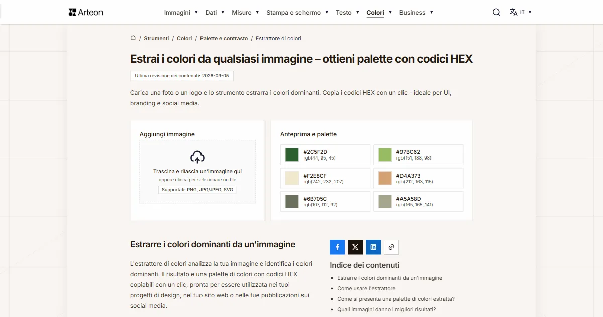 Screenshot dello strumento gratuito Arteon: Estrai i colori da qualsiasi immagine – ottieni palette con codici HEX