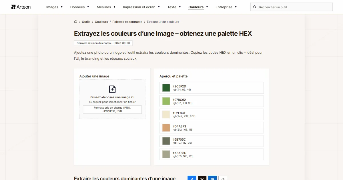 Capture d'écran de l'outil gratuit d'Arteon: Extrayez les couleurs d’une image – obtenez une palette HEX