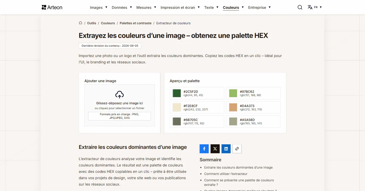 Capture d'écran de l'outil gratuit d'Arteon: Extrayez les couleurs d’une image – obtenez une palette HEX