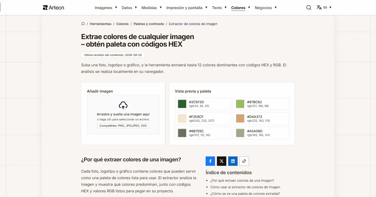 Captura de pantalla de la herramienta gratuita de Arteon: Extrae colores de cualquier imagen – obtén paleta con códigos HEX