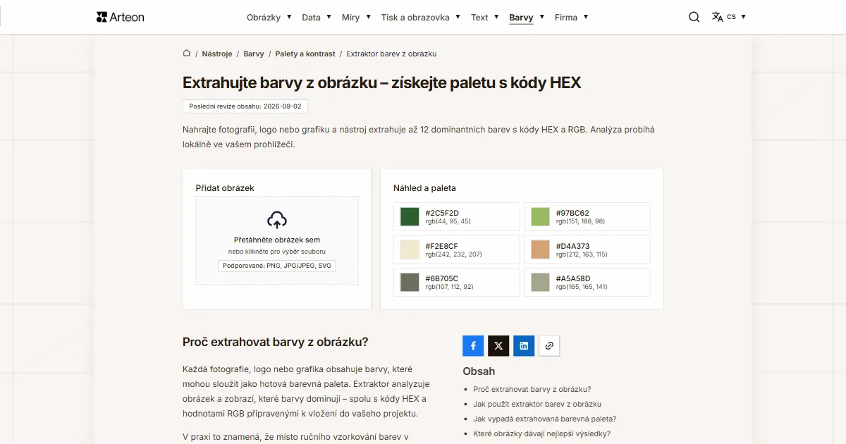 Snímek obrazovky bezplatného nástroje Arteon: Extrahujte barvy z obrázku – získejte paletu s kódy HEX