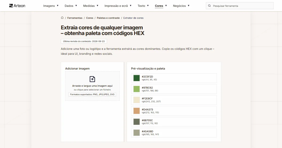 Captura de ecrã da ferramenta gratuita da Arteon: Extraia cores de qualquer imagem – obtenha paleta com códigos HEX