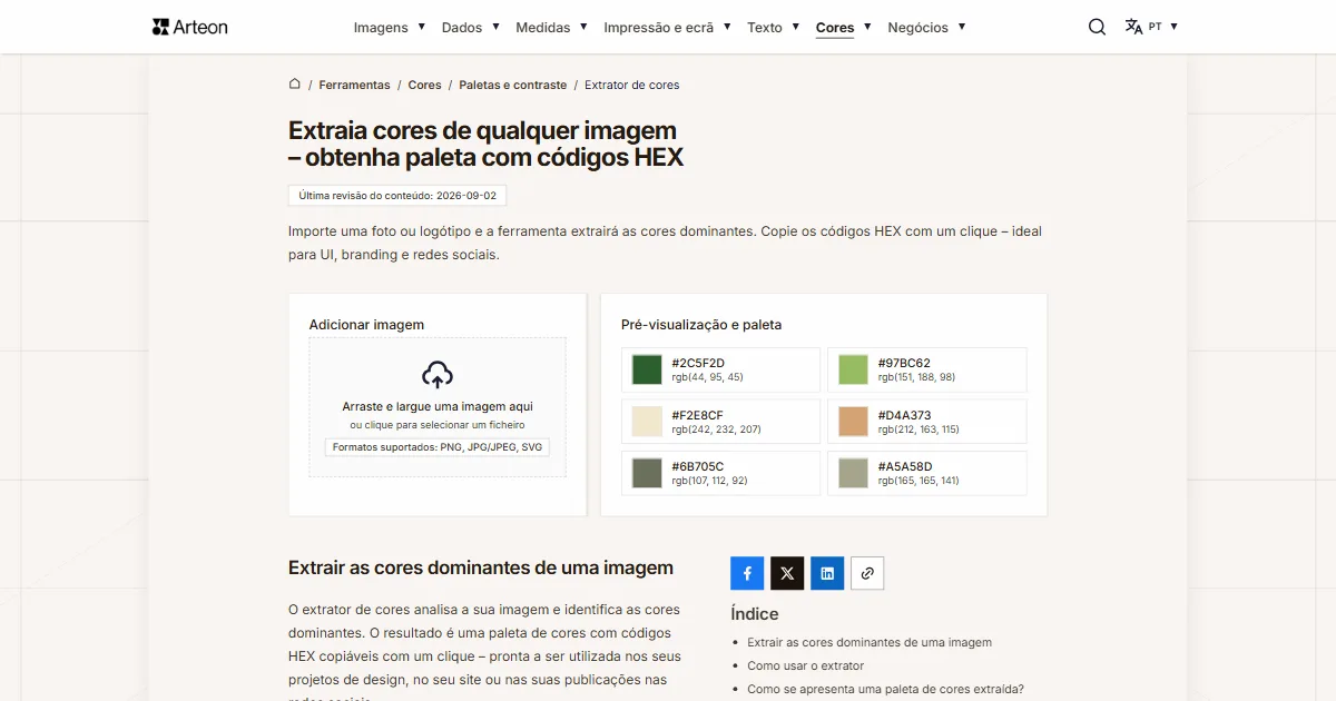 Captura de ecrã da ferramenta gratuita da Arteon: Extraia cores de qualquer imagem – obtenha paleta com códigos HEX