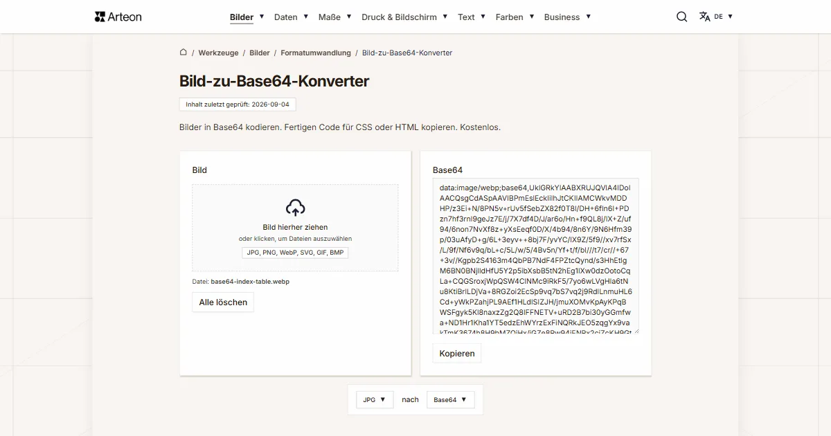 Screenshot des kostenlosen Arteon-Werkzeugs: Bild-zu-Base64-Konverter