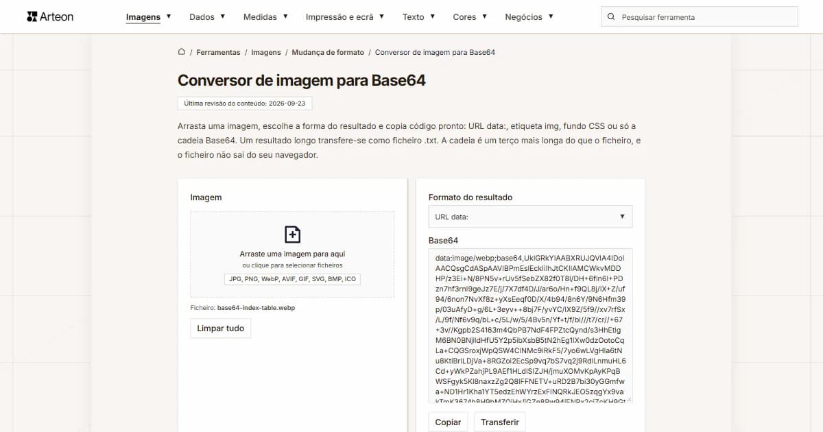 Captura de ecrã da ferramenta gratuita da Arteon: Conversor de imagem para Base64