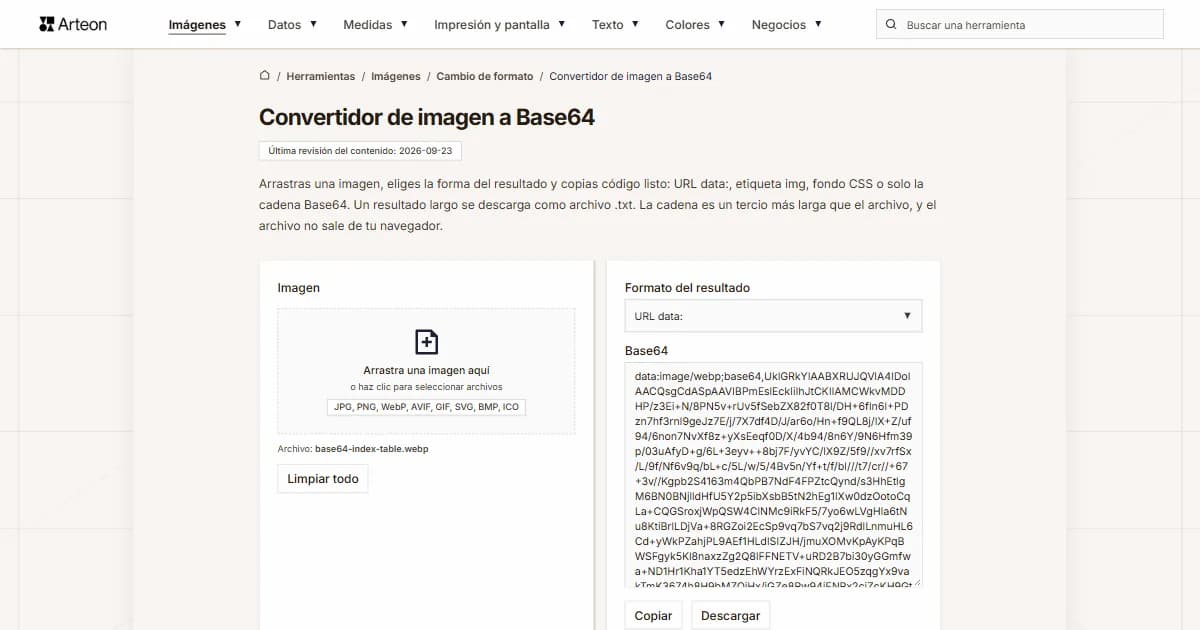 Captura de pantalla de la herramienta gratuita de Arteon: Convertidor de imagen a Base64