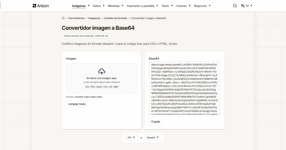 Captura de pantalla de la herramienta gratuita de Arteon: Convertidor imagen a Base64