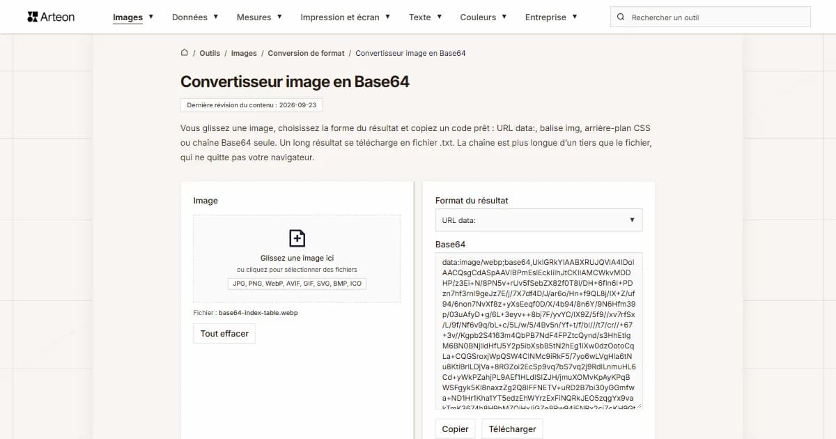 Capture d'écran de l'outil gratuit d'Arteon: Convertisseur image en Base64