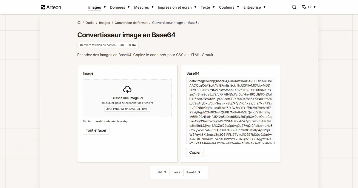 Capture d'écran de l'outil gratuit d'Arteon: Convertisseur image en Base64