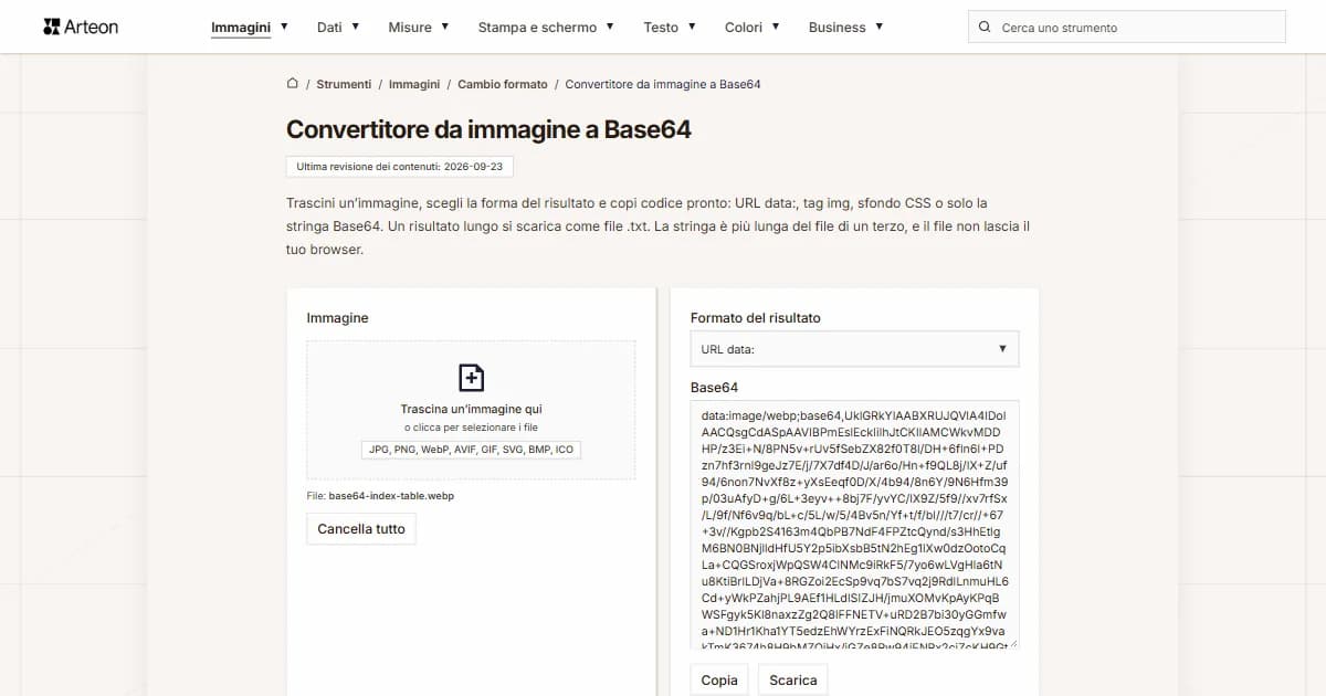 Screenshot dello strumento gratuito Arteon: Convertitore da immagine a Base64