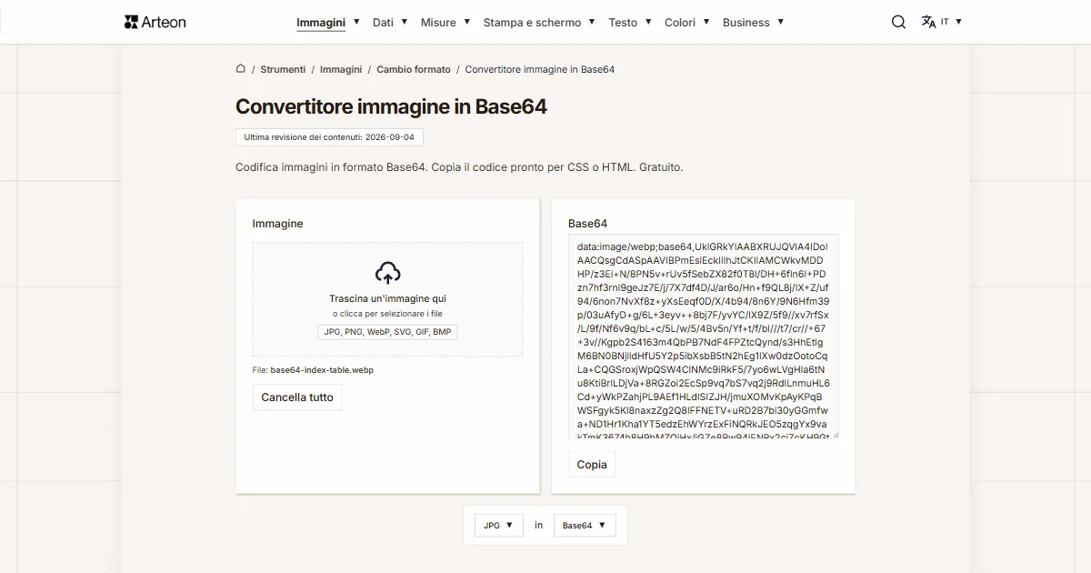 Screenshot dello strumento gratuito Arteon: Convertitore immagine in Base64