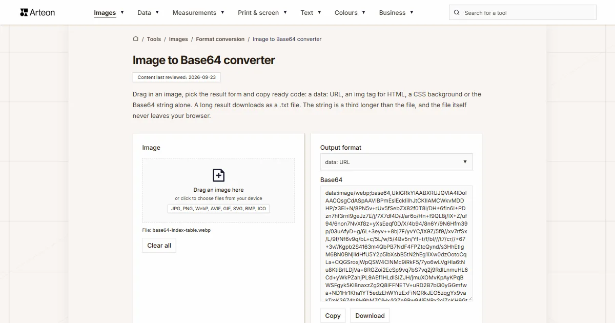 Arteon free tool screenshot: Image to Base64 converter
