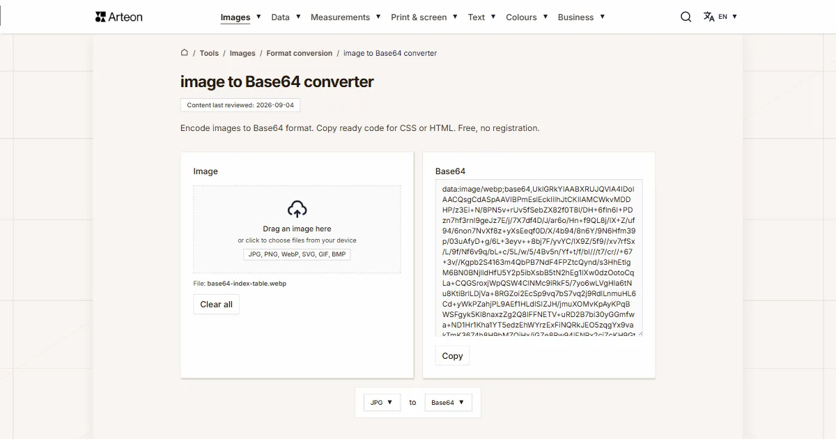 Arteon free tool screenshot: image to Base64 converter