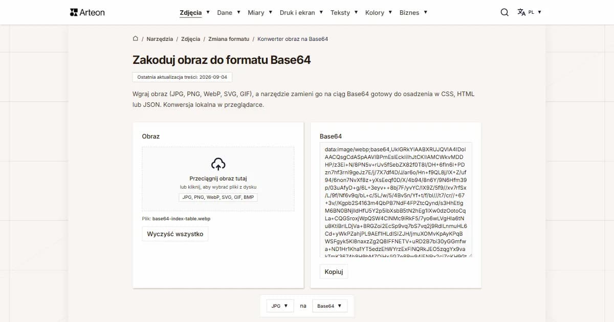 Zrzut ekranu darmowego narzędzia Arteon: Zakoduj obraz do formatu Base64