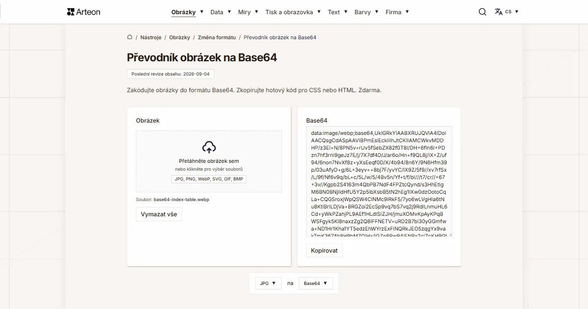 Snímek obrazovky bezplatného nástroje Arteon: Převodník obrázek na Base64
