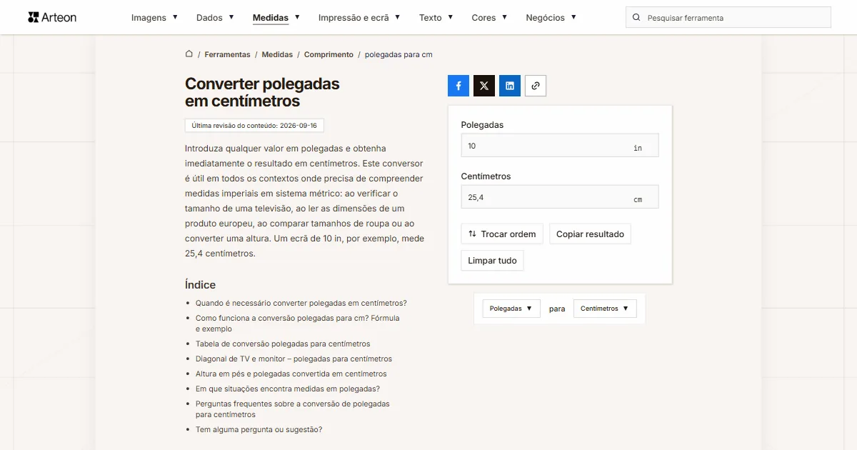 Captura de ecrã da ferramenta gratuita da Arteon: Converter polegadas em centímetros