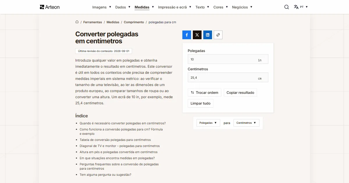 Captura de ecrã da ferramenta gratuita da Arteon: Converter polegadas em centímetros