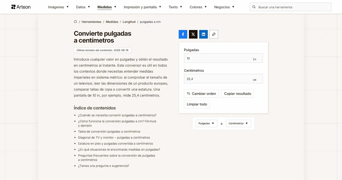 Captura de pantalla de la herramienta gratuita de Arteon: Convierte pulgadas a centímetros