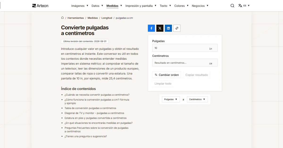 Captura de pantalla de la herramienta gratuita de Arteon: Convierte pulgadas a centímetros