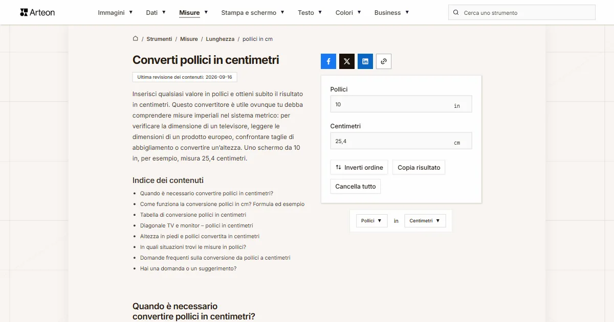 Screenshot dello strumento gratuito Arteon: Converti pollici in centimetri