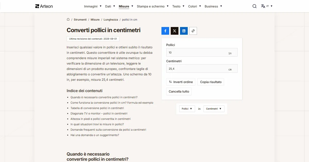Screenshot dello strumento gratuito Arteon: Converti pollici in centimetri