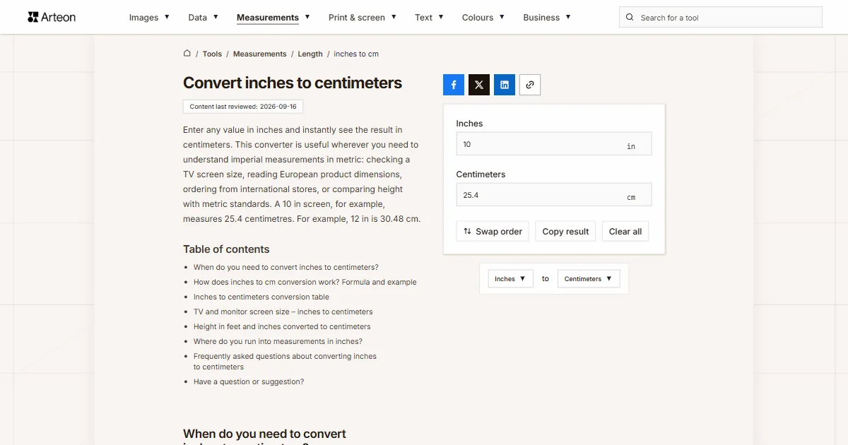 Arteon free tool screenshot: Convert inches to centimeters