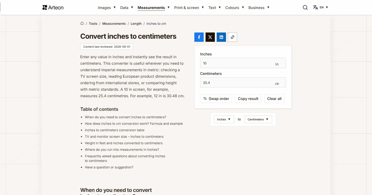 Arteon free tool screenshot: Convert inches to centimeters