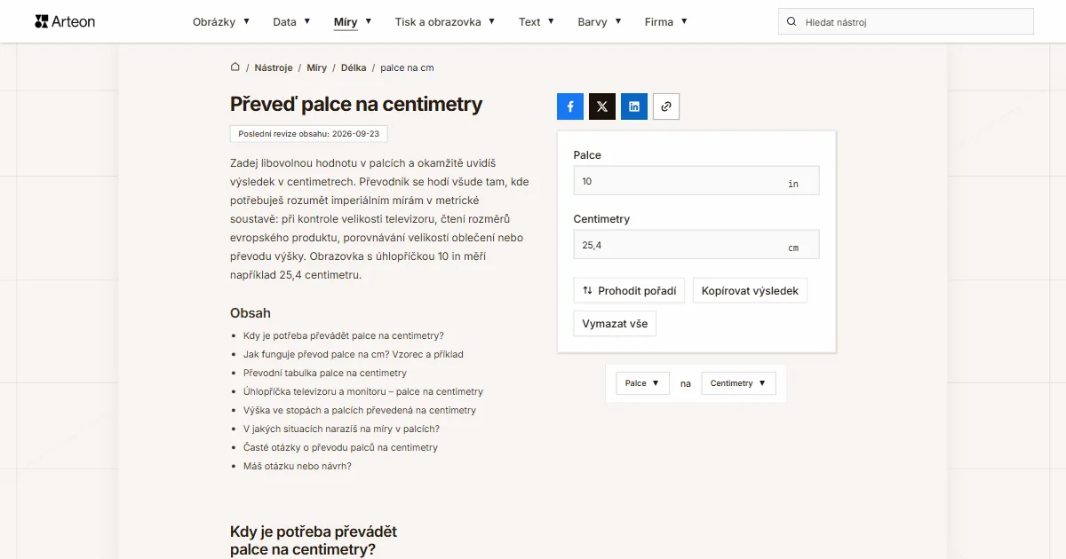 Snímek obrazovky bezplatného nástroje Arteon: Převeď palce na centimetry