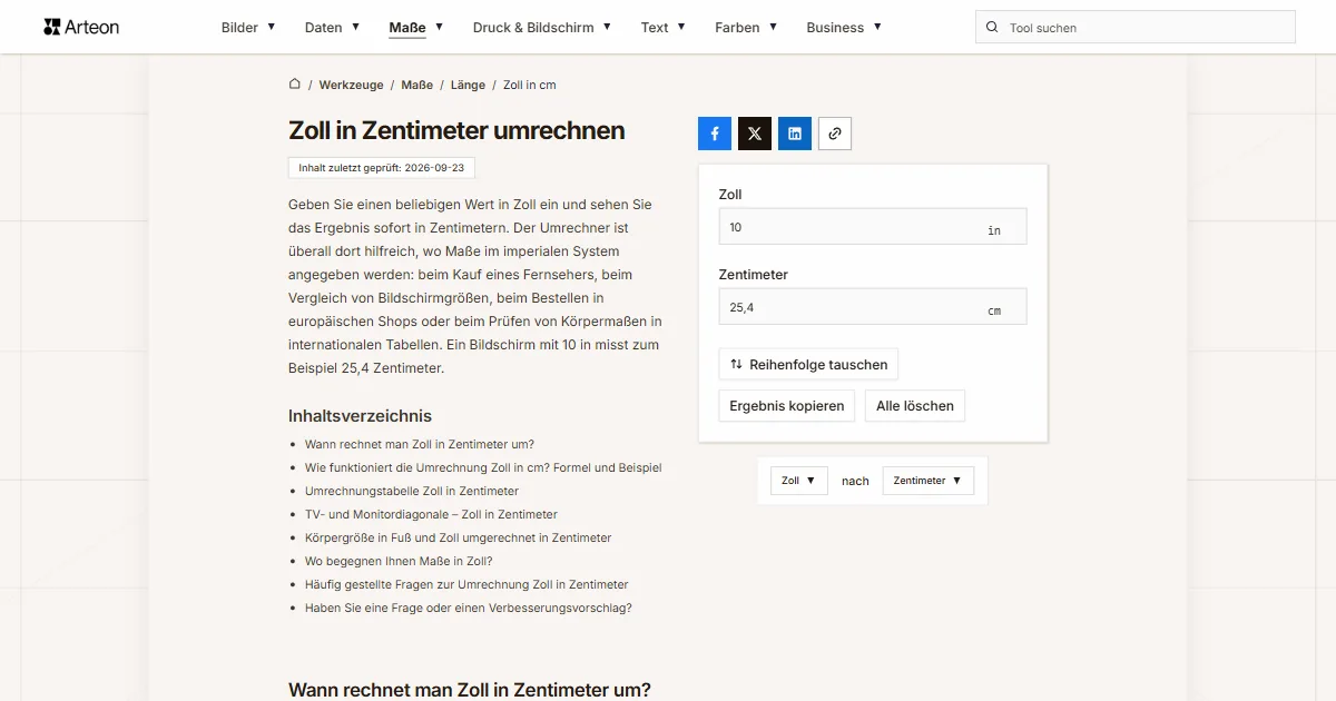 Screenshot des kostenlosen Arteon-Werkzeugs: Zoll in Zentimeter umrechnen
