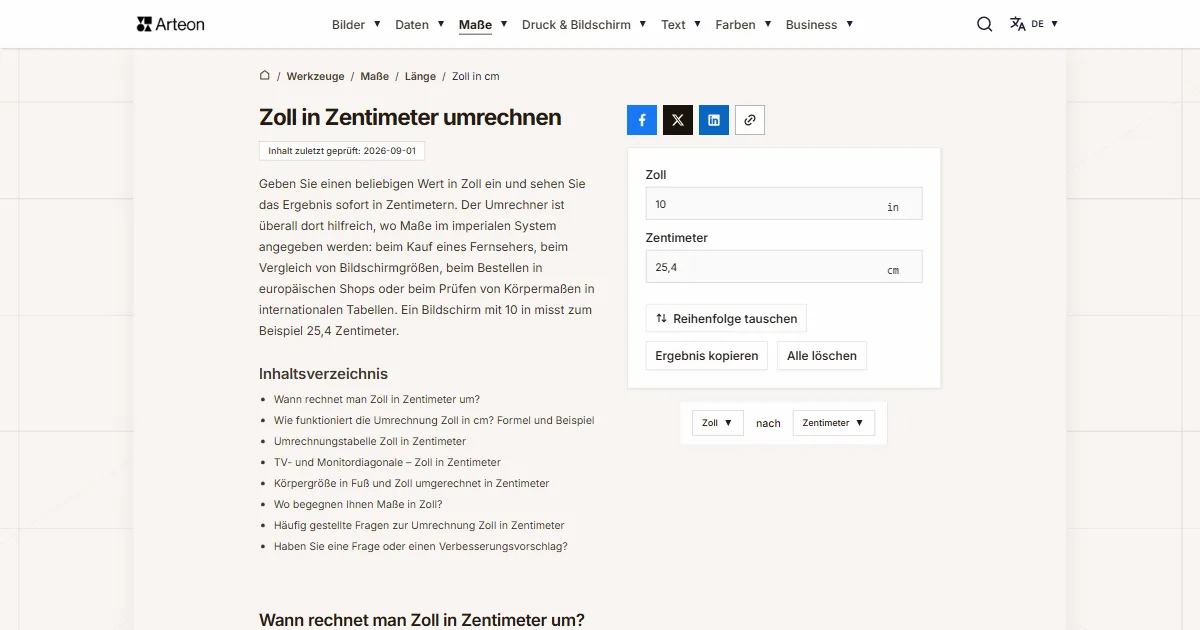 Screenshot des kostenlosen Arteon-Werkzeugs: Zoll in Zentimeter umrechnen