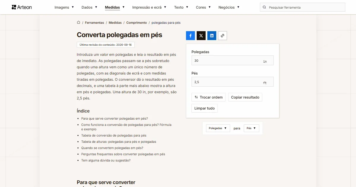 Captura de ecrã da ferramenta gratuita da Arteon: Converta polegadas em pés