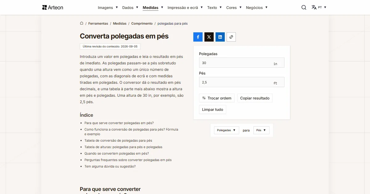Captura de ecrã da ferramenta gratuita da Arteon: Converta polegadas em pés
