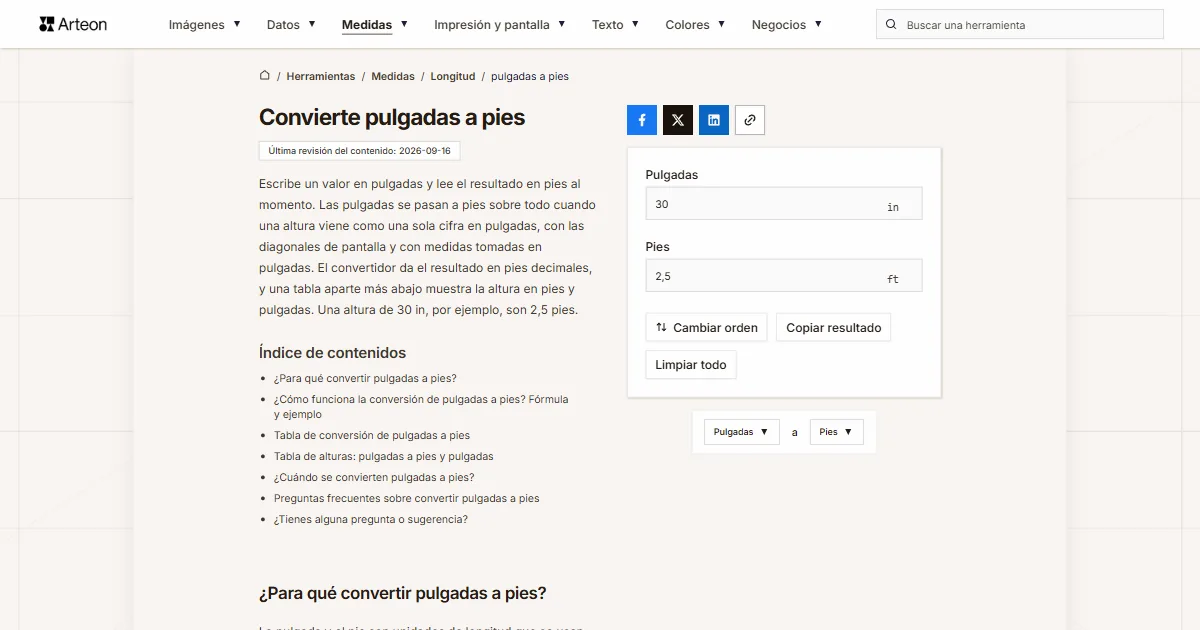 Captura de pantalla de la herramienta gratuita de Arteon: Convierte pulgadas a pies