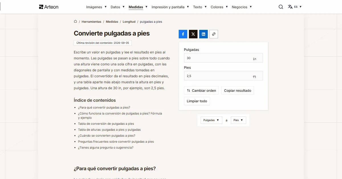 Captura de pantalla de la herramienta gratuita de Arteon: Convierte pulgadas a pies